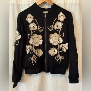 Kimchi Blue Bomber Jacket with Floral Embroidery